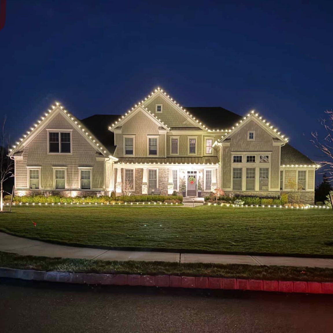Full estate holiday lighting installation NJ warm white C9 roofline Somerset County